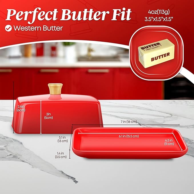 Flexzion Ceramic Red European Butter Dish with Lid for Countertop (7 Inch) - Wide 2 Stick Double Butter Holder for Counter, Cream Cheese Container Storage Keeper