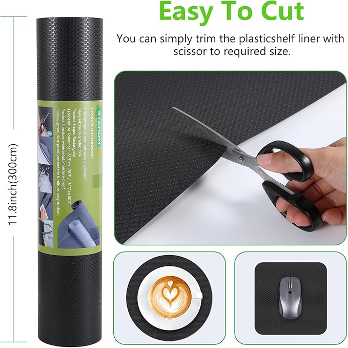 Shelf Liners for Kitchen Cabinets Non Adhesive Drawer Liner for Bathroom Waterproof Refrigerator Liners for Shelves Fridge Plastic Mats Cabinet Cupboard Liner Black 11.8 x 59 Inches