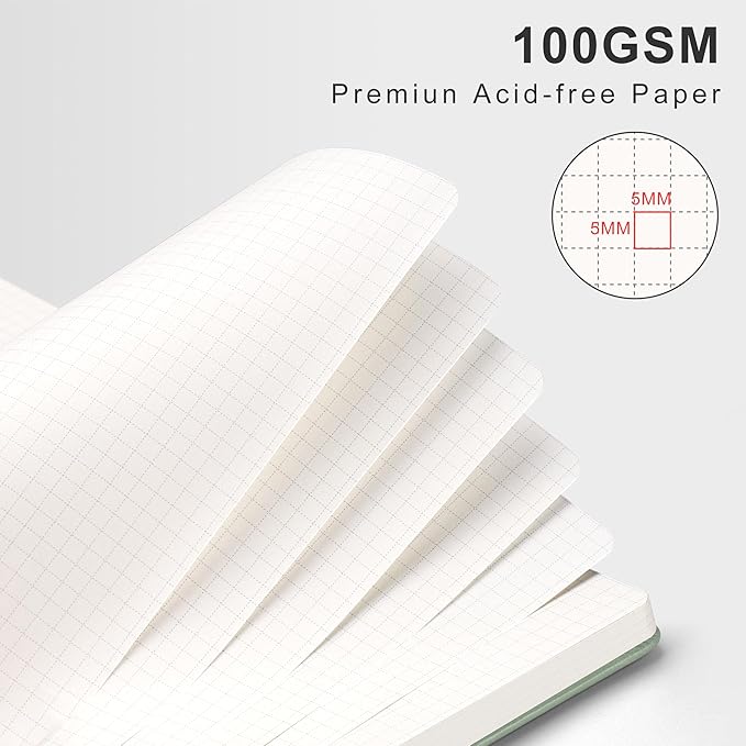 RETTACY Graph Grid Paper Notebook, 110 Pages, A4 Large Size (8.5'' × 11''), 5 Squares per Inch, Leather Hardcover, 100 GSM Thick Paper, for School, Students, Math, Engineering (Light Green)