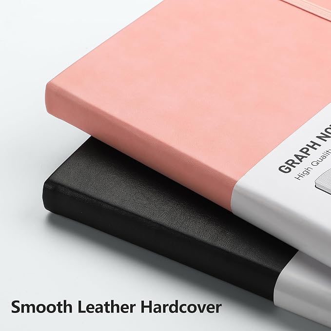 RETTACY Graph Grid Paper Notebook, 2-Pack, 192 Pages per Pack, A5 Medium Size (5.7'' x 8.3''), Leather Hardcover, 100 GSM Thick Paper, for School, Students, Math, Engineering (Black & Pink)