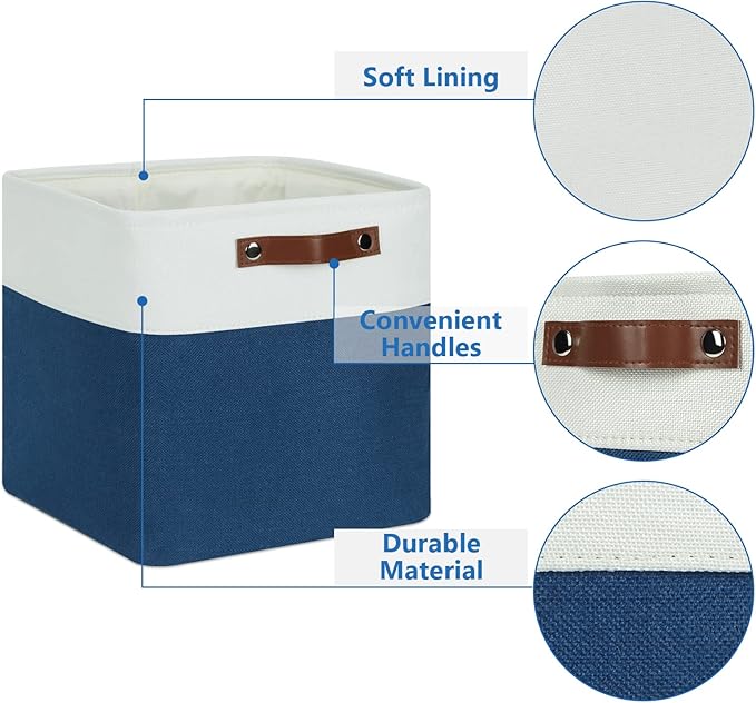 Temary Fabric Storage Cubes 11x11 Cube Storage Bins 4Pack Blue Storage Baskets for Organizing Home, Closet, Empty Gift Baskets with Handles (White&Blue)
