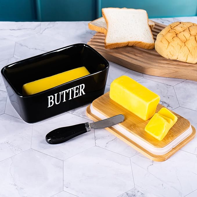 Black Butter Dish with Lid for Countertop, Large Ceramic Covered Butter Stick Holder Container for Fridge