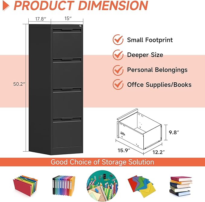 4 Drawer File Cabinet with Lock,17.8" Deep Vertical Metal Filing Cabinet for Home Office,Locking Drawer Tall for Hanging Letter/A4/Legal Folders, Easy Assemble-Black