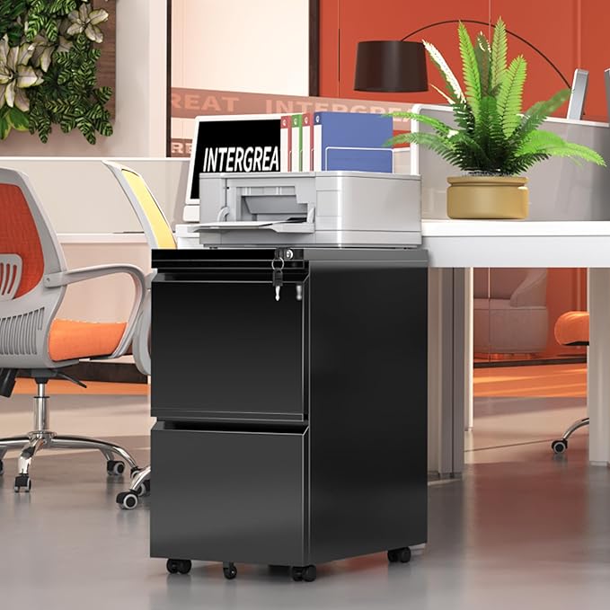 INTERGREAT Mobile File Cabinet with Lock,Under Desk Rolling Metal Filing Cabinet for Home Office, Black 2 Drawer File Cabinets with Wheels for Legal/Letter/A4 File
