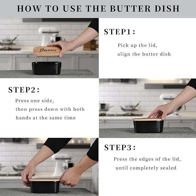 GDCZ Ceramics Butter Dish with Wooden Lid- Large Covered Butter Holder for Countertop, Butter Keeper Container Perfect for Holds 2X 4oz West/East Coast Butter, Black