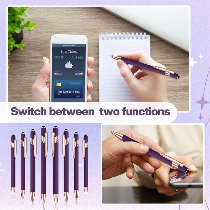 8 Pieces Ballpoint Pen with Stylus Tip Black Ink 2 in 1 Stylus Metal 1.0 mm Medium Point Smooth Pen Rainbow Colorful Rubberized Ballpoint for Touch Screen Tablet(Purple)