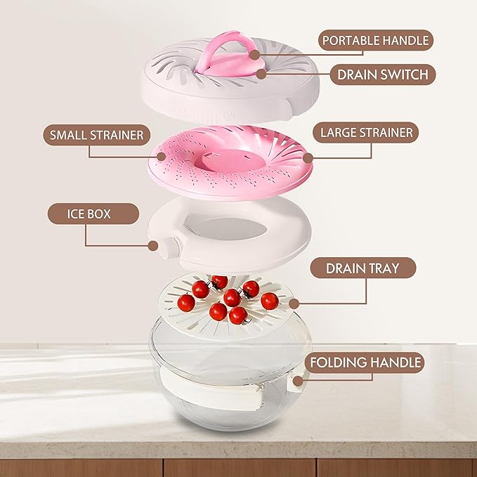 2025 New Upgrade Large Fruit Washing Bowl with Strainer(2.85QT),3 in 1 Multipurpose Drain Basket with Lid & Ice Box,Foldable Handle Fruit Strainer Perfect for Fridge Storage and Outdoor Picnics