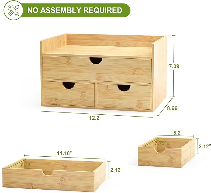 Desk Organizer With Drawers - Bamboo Wood Desktop Mail Organizer Storage Box for Office Home Bathroom Vanity Dresser Top, No Assembly Required (3 Drawers)
