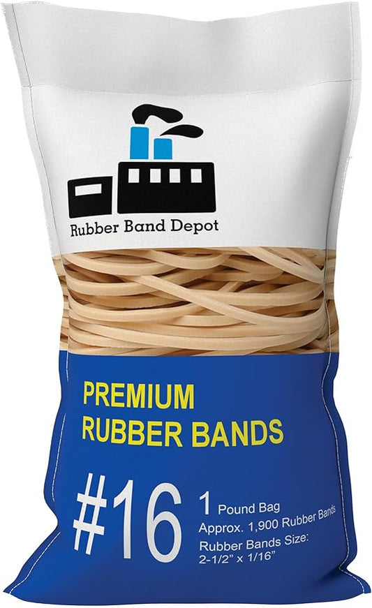 2-1/2" x 1/16'' - Size #16 - Rubber Band Depot - Everyday Bands, Business Rubber Bands - Approximately 1,900 Rubber Bands Per Bag - 1 Pound Bag