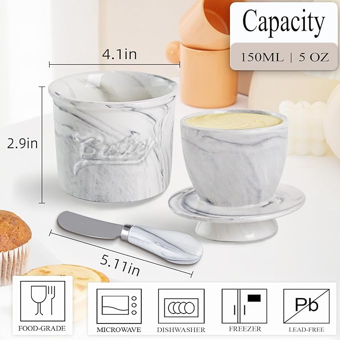 Ceramic Butter Crock with Lid & Spreader Knife, Butter Keeper - Ideal Butter Storage & Countertop Butter Dish, Marble White