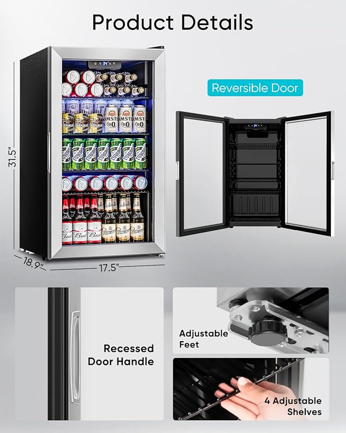 3.2 Cu.Ft Mini Fridge with Glass Door - 126 Can Beverage Refrigerator Cooler for Drink Beer Wine Soda, Small Refrigerator for Bedroom Office Bar Dorm, 4 Adjustable Shelves, Silver