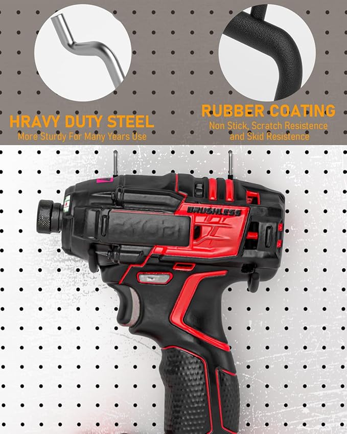 INCLY 36 Pack Heavy Duty Pegboard Hooks, 1/4" Pegboard Drill Holder Tool Utility Hooks, Peg Board Tool Hangers Accessories for Hanging Power Tools, Drill, Hammer, Workbench, Garage