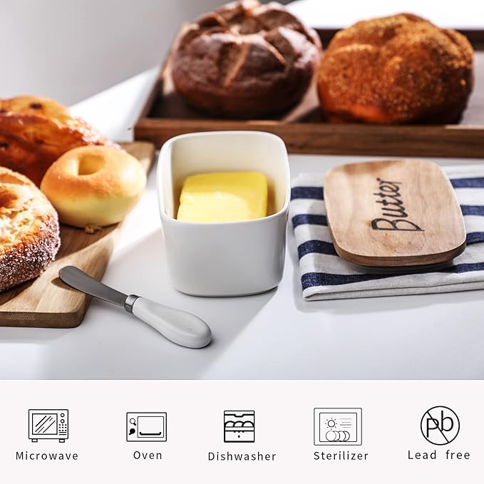 GDCZ Ceramics Butter Dish with Wooden Lid- Large Covered Butter Holder for Countertop, Butter Keeper Container Perfect for Holds 2X 4oz West/East Coast Butter, White