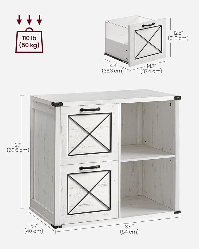VASAGLE Lateral File Cabinet, Filing Cabinet with 2 Drawers, Printer Stand, 2 Open Compartments, Fit A4, Letter Size, Hanging File Folders, for Home Office, Farmhouse Style, Rustic White UOFC049T73