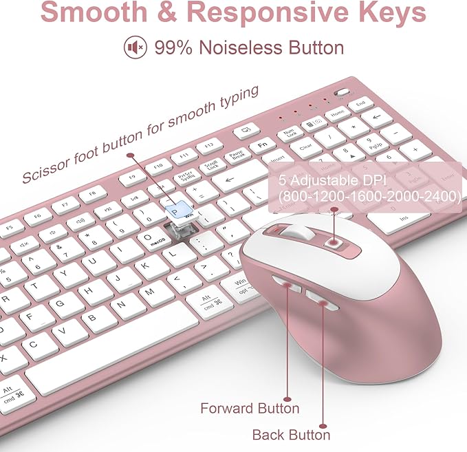 FENIFOX Wireless Keyboard and Mouse, Ergonomic Rechargeable Silent Quiet Slim Compact Full-Size USB C with Number Pad Flat Soft Cover for PC Computer Laptop Mac MacBook iMac Windows - Pink Rose Gold