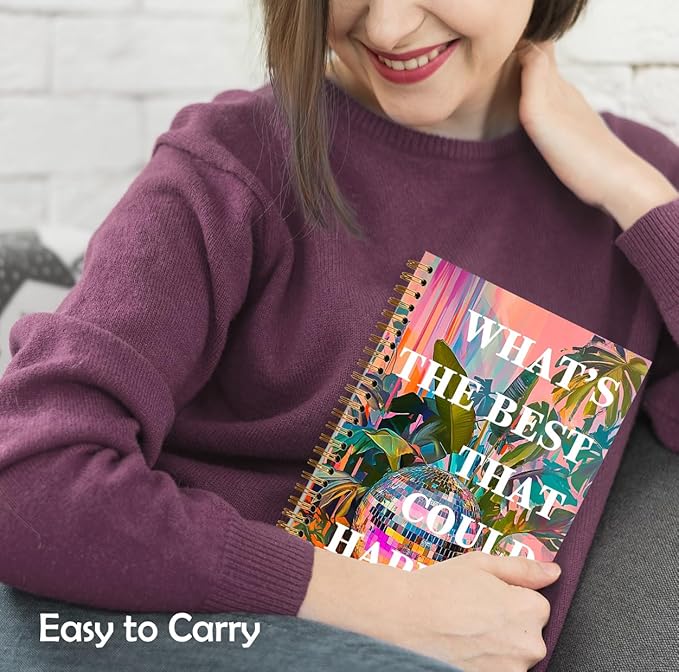 What's the Best That Could Happen Inspirational Notebook, Positive Quote Journal for Women, Anti Anxiety Journal, Groovy Disco Ball Hardcover Spiral Notebook, 5.5x8.3 Inch