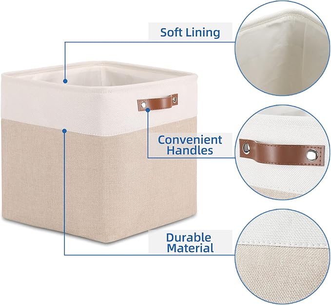 Temary Cube Storage Bins 13x13 Fabric Storage Cubes Baskets Set Of 4 Cloth Baskets for Shelf, Large Bin Empty Basket for Organizing, Shelf Basket (White&Khaki)