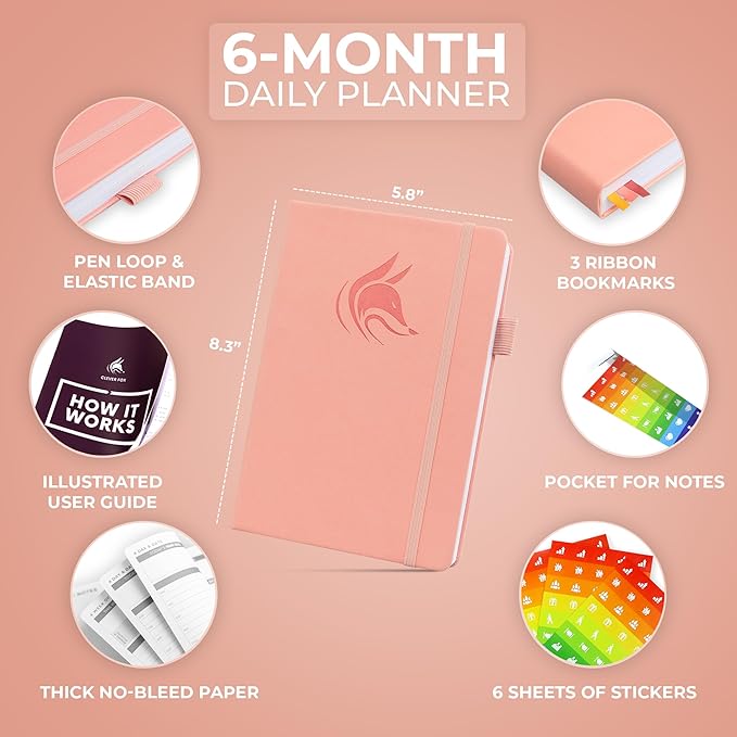 Clever Fox Daily Planner – Undated Planning Notebook with Hourly Schedule & To-Do List – Personal Day Task & Work Organizer, 6 Months (Peach Pink)