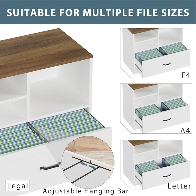 LVB Lateral File Cabinets for Home Office, Wood Filing Cabinet Drawers for Letter/Legal/A4/F4 Size, Farmhouse Storage File Cabinet Printer Stand with Open Shelf, 32.7 Inch, White and Rustic Oak