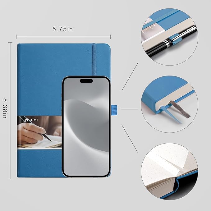 EMSHOI Dotted Notebook - 256 Pages A5 Dot Grid Journal Bullet Notebook with 120gsm Thick Dotted Paper,16 Perforated Pages, Hardcover Leather, Pen Holder, Inner Pocket, 5.75" x 8.38"-LightBlue