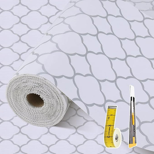 Shelf Liners for Kitchen Cabinets 23.6in x 20FT Non Adhesive Drawer Liner Silver Quatrefoil Shelf Liner Paper Strong Non-Slip Easy to Clean for Tool Box Refrigerator with Knife and Tape Measure