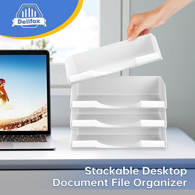 4 Pack Stackable Paper Trays for Letter Documents, Desktop File Organizers for Office Supplies, Stackable Desk Tray Holder for Paper Storage, White