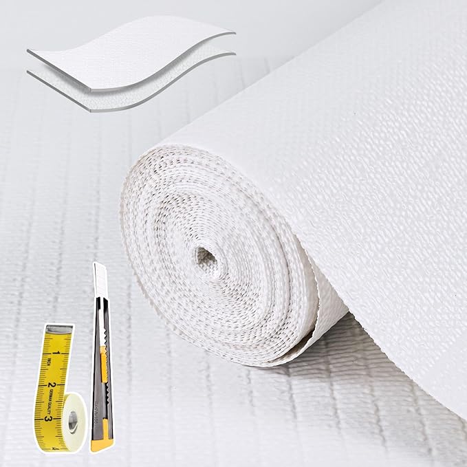 Shelf Liners for Kitchen Cabinets 23.6in x 39.37FT, Non Adhesive Drawer Liner Pure White Thickened Shelf Liner Non-Slip Easy to Clean for Tool Box Refrigerator with Knife and Tape Measure