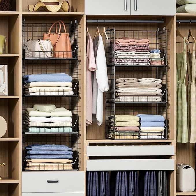 4-Tier Extra Height Stackable Closet Organizer – Foldable Storage Bins for Sweaters, Jeans, and Clothes – Sturdy Iron Mesh Shelves for Neat and Efficient Closet Storage – Black