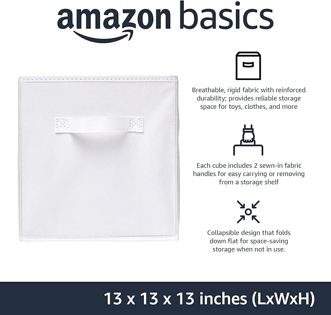 Amazon Basics Cube Organizer Storage Bins Handles, Collapsible Fabric, Pack of 6, 13"x13"x13", White