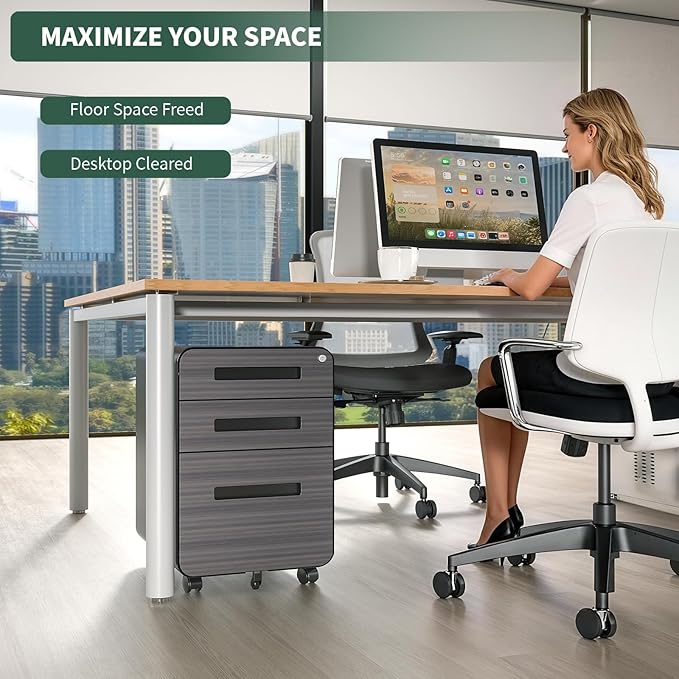 3 Drawer Mobile File Cabinet Under Desk with Lock,Metal Small Rolling Filing Cabinet Storage for Home Office,Steel Cabinets on Wheels, Fully Assembled, Gray Wood Grain