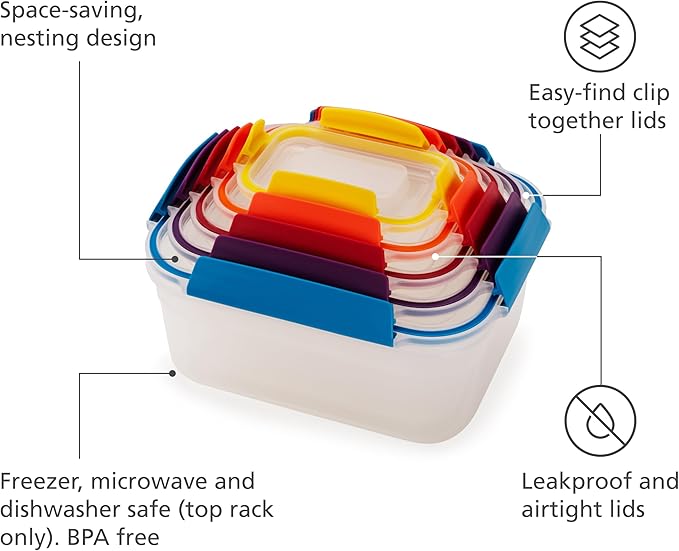 Joseph Joseph Nest Lock Plastic BPA Free Food Storage Container Set with Lockable Airtight Leakproof Lids, 10-Piece, Multi-Color