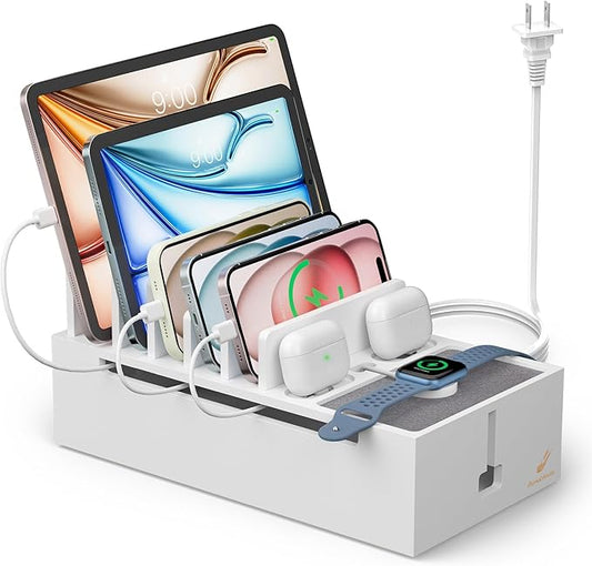Pezin & Hulin Bamboo Charging Dock Station for Electronic Devices, Docking Organizer for Phone and Tablets, Smart Watch, Earbuds, Power Strip Box (Included 5-Port USB Charger and 5 Cables) -White