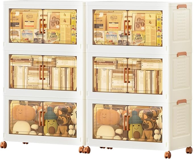 JEKO&JEKO 648 Qt Plastic Storage Bins with Lids, Doors & Wheels, 6 Pack Extra Large Stackable Collapsible Storage Cabinets and Closet Organizers for Home Office, Cream