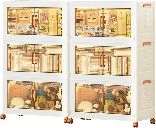 JEKO&JEKO 648 Qt Plastic Storage Bins with Lids, Doors & Wheels, 6 Pack Extra Large Stackable Collapsible Storage Cabinets and Closet Organizers for Home Office, Cream