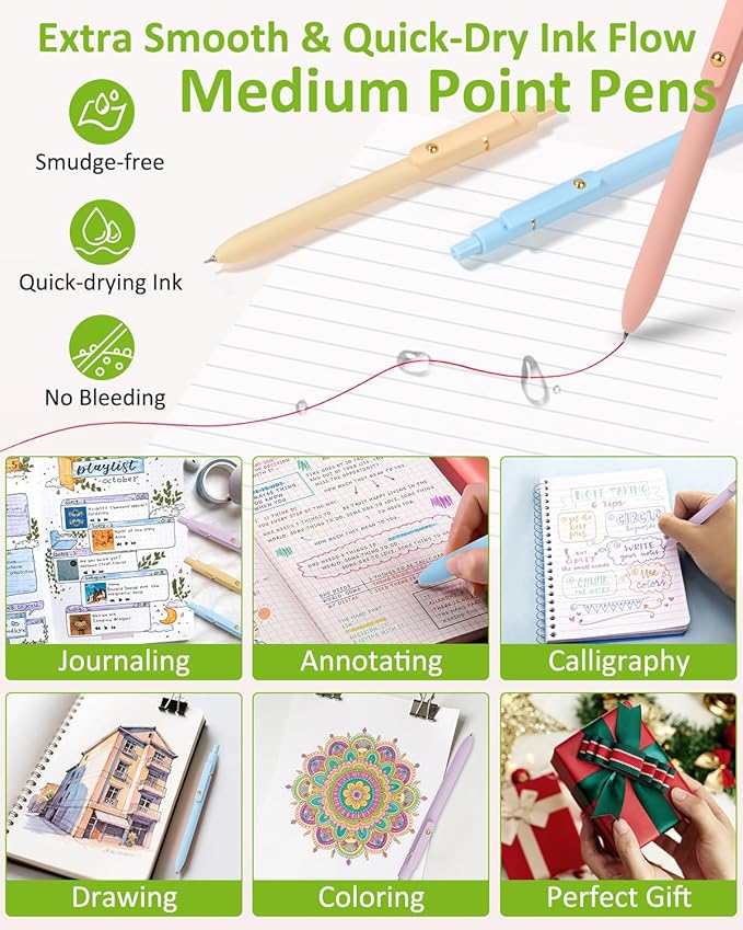 FIOVER Colored Pens, 6 Pack Colorful Gel Pens, Quick-Dry 0.7mm Medium Point for Journaling, Note Taking, Doodling, Aesthetic Office School Supplies, Gifts for Women Men(Multiple Colors)
