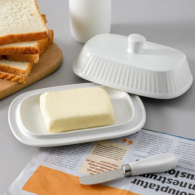 Hasense Porcelain Butter Keeper, Butter Dish with Lid, Large Butter Containe with Cover, Butter Holder for West East Coast Butter, Kitchen Decor, Housewarming Gift, White