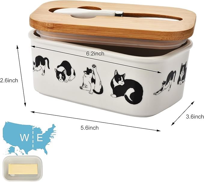 Cute Cat Large Butter Dish with Lid for Countertop,Cute kitten Ceramic Covered Butter Holder with Knife for Fridge, Airtight Butter Keeper Container Storage for East West Coast Butter,White