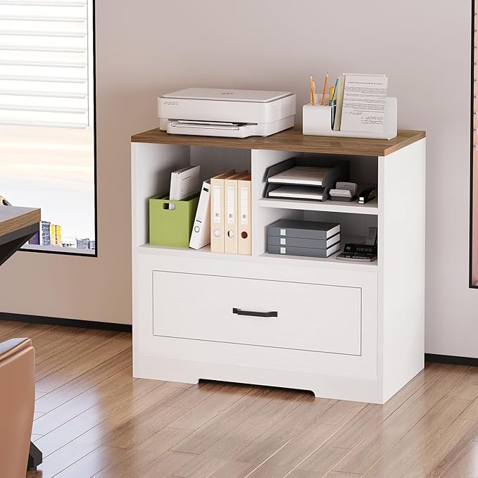LVB Lateral File Cabinets for Home Office, Wood Filing Cabinet Drawers for Letter/Legal/A4/F4 Size, Farmhouse Storage File Cabinet Printer Stand with Open Shelf, 32.7 Inch, White and Rustic Oak