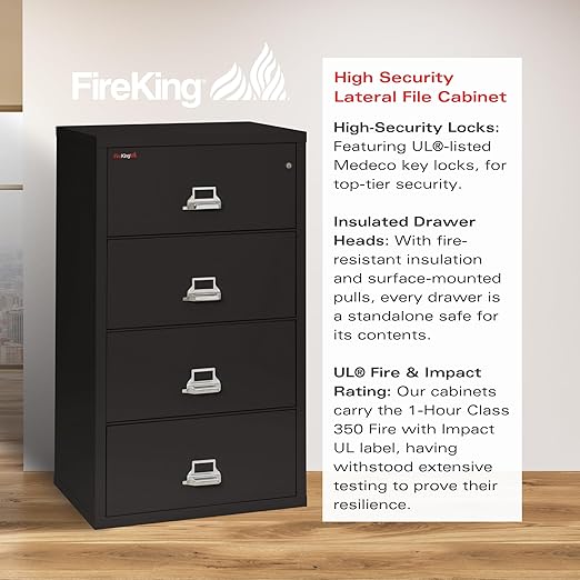 FireKing Lateral 4 Drawer Legal and Letter Fire Safe File Cabinet with Key Lock, 1 Hour Fire Rated, UL Rated & Water Resistant Home Safe, Filing Cabinet, Made in The USA, Black