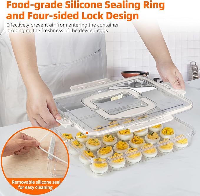 2 Pack Deviled Egg Containers with Lid and Handle, Durable Clear Plastic Deviled Egg Carrier Storage 48 Eggs, Stackable Egg Holder for Fridge, Portable Tray Platter for Party & Picnics-White