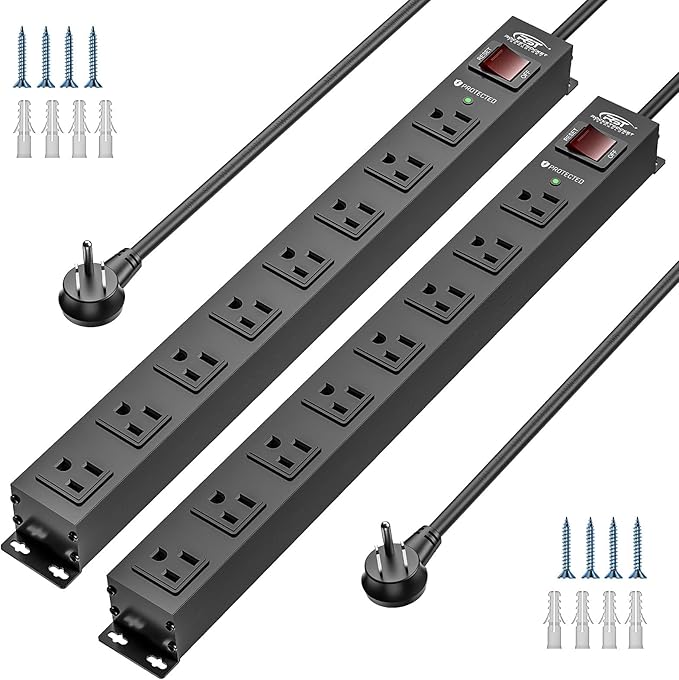 CRST 2 Pack 8 Outlet Metal Heavy Duty Power Strip with Switch, 2100J Surge Protector, Mountable Wide Spaced Power Strip, 6 FT 14AWG, 15A/1875W