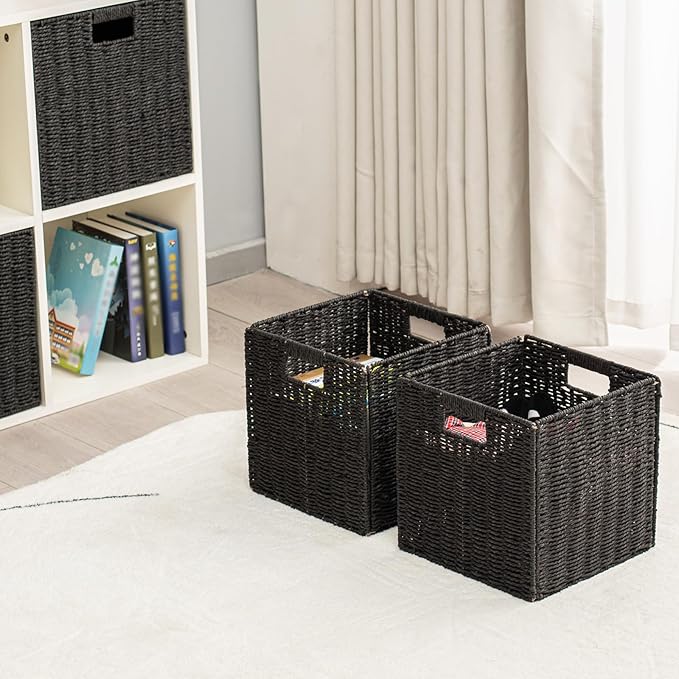 Handwoven Paper Woven Cube Basket Organizer with Handles set of 4 Foldable Storage baskets for Bedroom Living Room Cubby Storage Units for Clothes Books Toys (Black, 13" L x 13" W x 13" H)