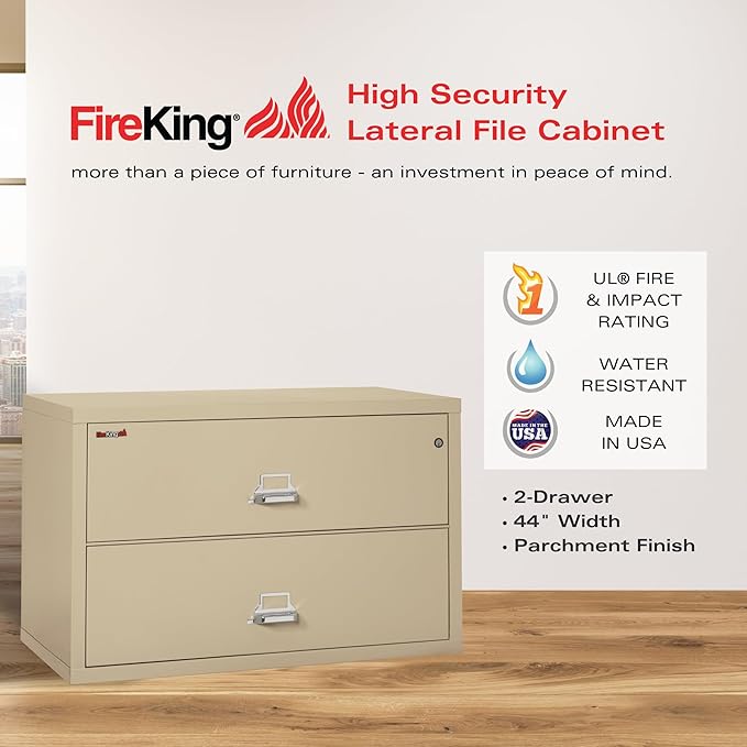 FireKing Fireproof Lateral File Cabinet (2 Drawers, Impact Resistant, Water Resistant), 27.75" H x 44.5" W x 22.13" D, Parchment