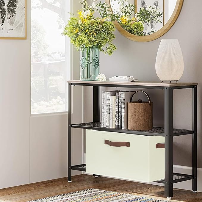 GhvyenntteS Large Fabric Storage Bins with 3 Handles, 15x11x9.6 Inch Storage Baskets for Shelves, Foldable Closet Storage Bins for Shelves, Closet Organizers and Storage Boxes, Beige