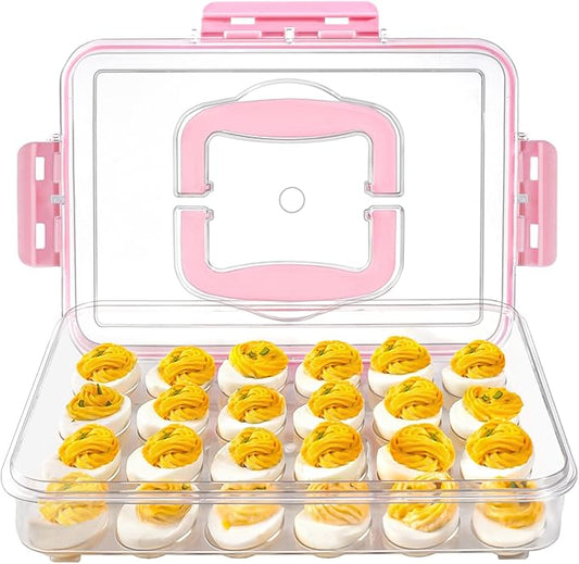 Deviled Egg Containers with Lid and Handle, Durable Clear Plastic Deviled Egg Carrier Storage 24 Eggs, Stackable Egg Holder for Fridge, Portable Tray Platter for Party & Picnics-1 Pack Pink