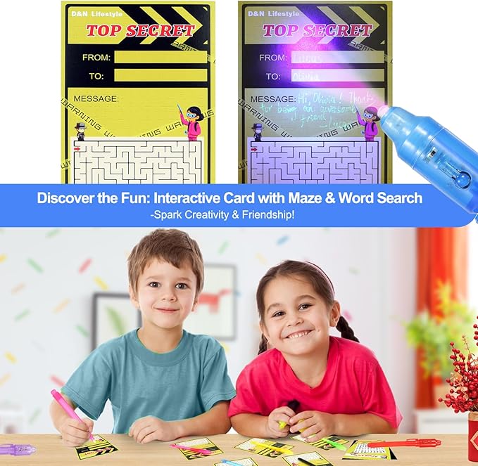 D&N Lifestyle 24 pcs UV Invisible Ink Pens with Word Search & Maze Activities Cards, Education & Party Favors, End of School Year Gift, Birthday, Halloween, Christmas, Goodie bag stuffers