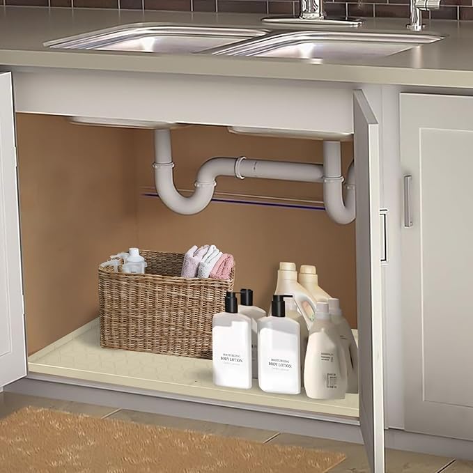 Under Sink Mat for Kitchen Silicone Waterproof Under Sink Liner, Flexible Sink Cabinet Organizer Tray with Drain Hole, Hold up to 3.3 Gallons Liquid, Easy to Clean