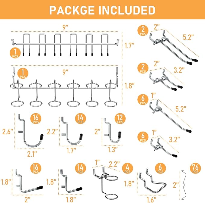 INCLY 176PCS Extra Thick Pegboard Hooks, 1/4" Heavy Duty Metal Peg Board Hooks Assortment with Peg Locks Pegboard Accessories Kit for Garage Wall Organizer Hanging Tools