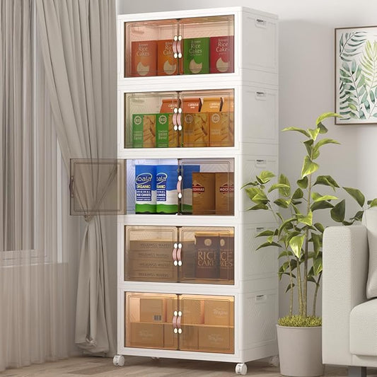 Extra Large Stackable Storage Bins with Lids & Wheels, Foldable Collapsible Closet Organizers Storage Cabinet with Doors for Bedroom Dorm (White, 600QT-120QT/30GAL*5Pack)