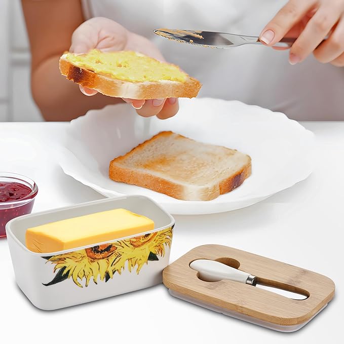 Pretty Sunflower Large Butter Dish with Lid for Countertop,Ceramic Covered Butter Holder with Knife for Fridge, Airtight Butter Keeper Container Storage for East West Coast Butter,White